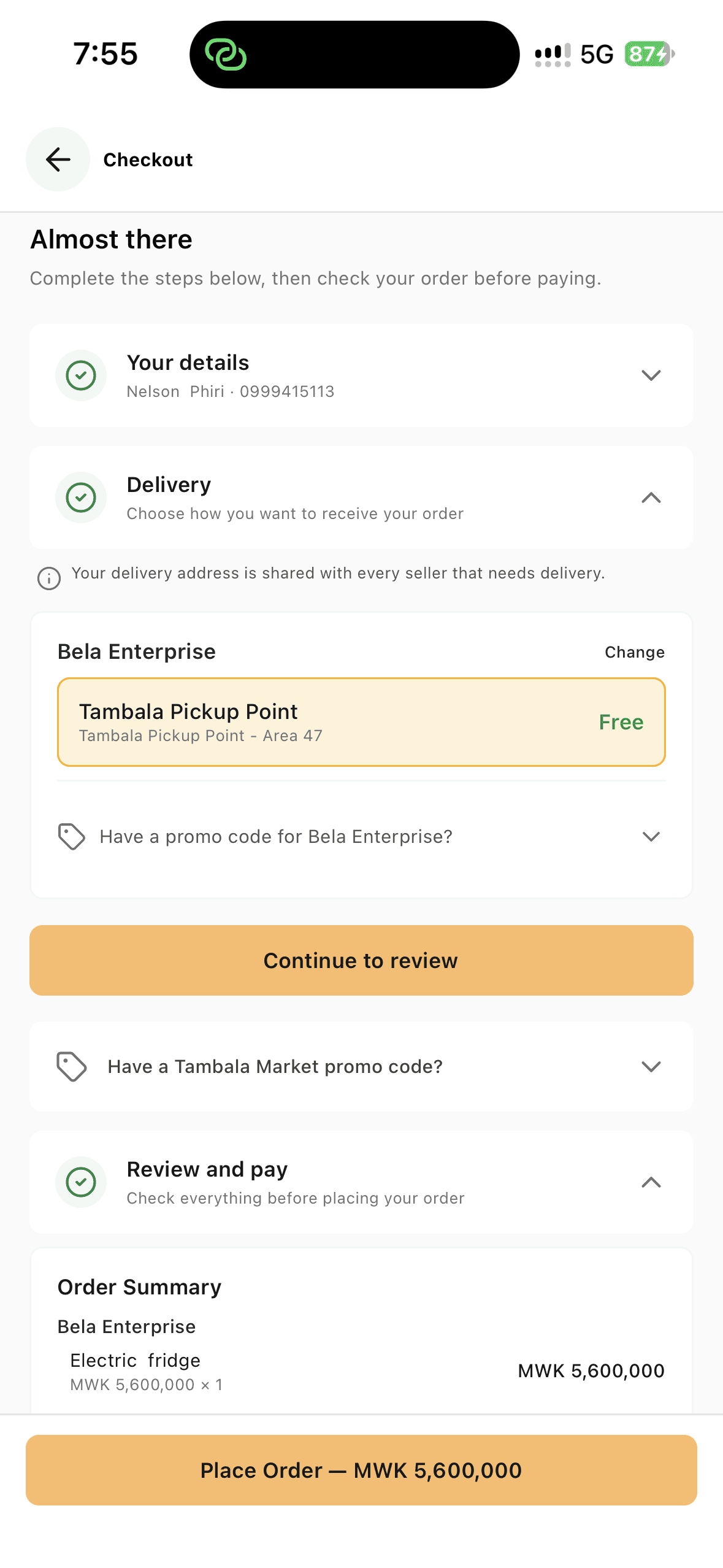 Tambala Market checkout screen